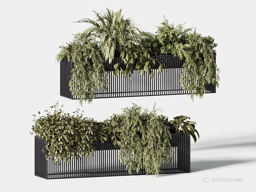 Indoor Layered Black Metal Planters With Trailing Green Potted Plants Design 3d model 