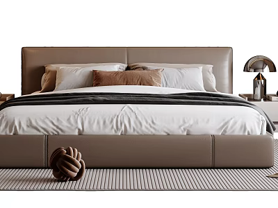 Modern Double Bed With Leather Headboard White Bedspread Beige Pillows Nightstand Lamp And Striped Rug 3d model