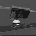 Modern Kitchen Open Cooker Hood With Kitchen Utensils On Gas Stove And Gray Cabinets