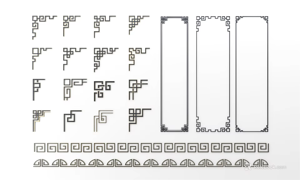 Traditional Chinese Decorative Carvings With Border Corner And Continuous Pattern Elements 3d model