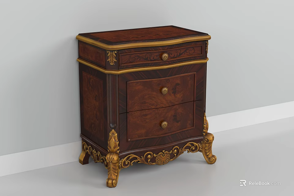 Classical Wooden Bedside Table With Golden Accents Carved Details And Two Drawers 3d model 