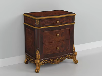 Classical Wooden Bedside Table With Golden Accents Carved Details And Two Drawers 3d model
