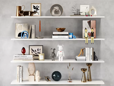 Stylish Decorative Ornament Combination on White Shelves with Framed Art Sculptures Books and Vases 3d model