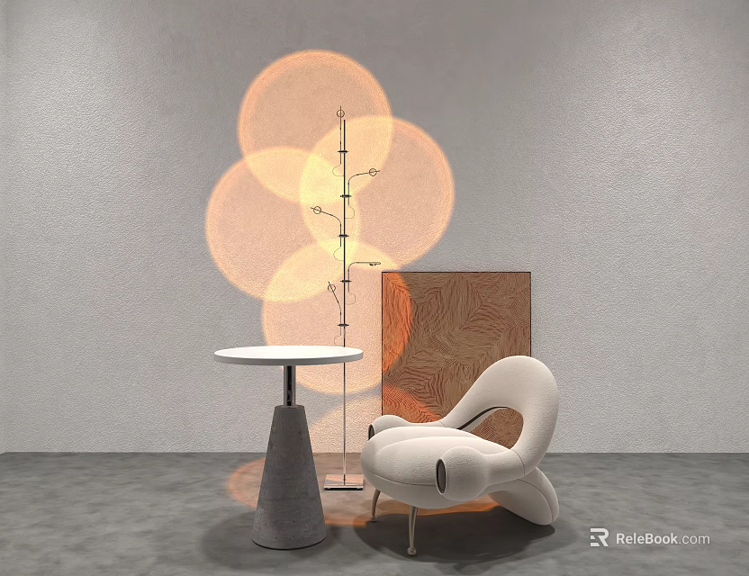 Modern Minimalist Floor Lamp Creating Circular Light Patterns With Armchair And Side Table 3d model 