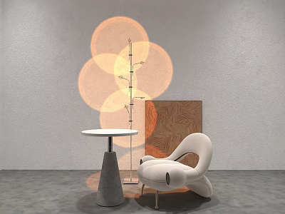 Modern Minimalist Floor Lamp Creating Circular Light Patterns With Armchair And Side Table 3d model
