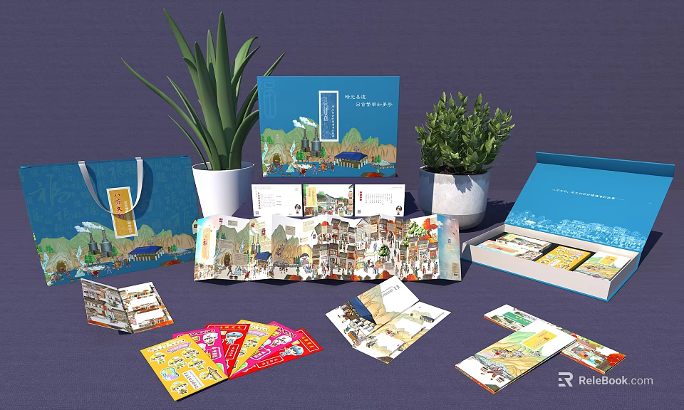 Decorative Ornament Collection With Blue Boxes Potted Plants Gift Bag And Illustrated Booklets 3d model 