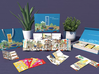 Decorative Ornament Collection With Blue Boxes Potted Plants Gift Bag And Illustrated Booklets 3d model