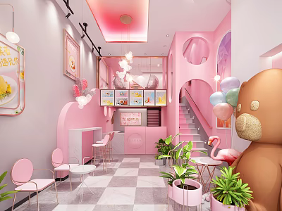 Pink Dessert Shop Interior With Cute Bear Doll Flamingo Decor Green Plants And Pink Chairs 3d model
