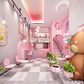 Pink Dessert Shop Interior With Cute Bear Doll Flamingo Decor Green Plants And Pink Chairs