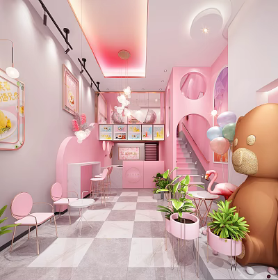 Pink Dessert Shop Interior With Cute Bear Doll Flamingo Decor Green Plants And Pink Chairs 3d model