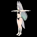 Woman With Fox Ears Tail Silver Gray Long Hair Black Bikini Arms Outstretched Black Background