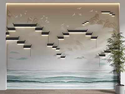 New Chinese Sofa Background Wall With Landscape Birds And Architectural Lights 3d model
