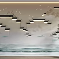New Chinese Sofa Background Wall With Landscape Birds And Architectural Lights