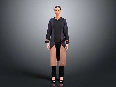 Woman In Dark Long Coat With Black Inner Top Pants And Shoes On Gray Background 3d model