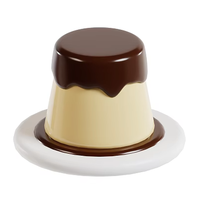 Creamy Pudding Dessert Topped With Smooth Chocolate Sauce On White Plate 3d model