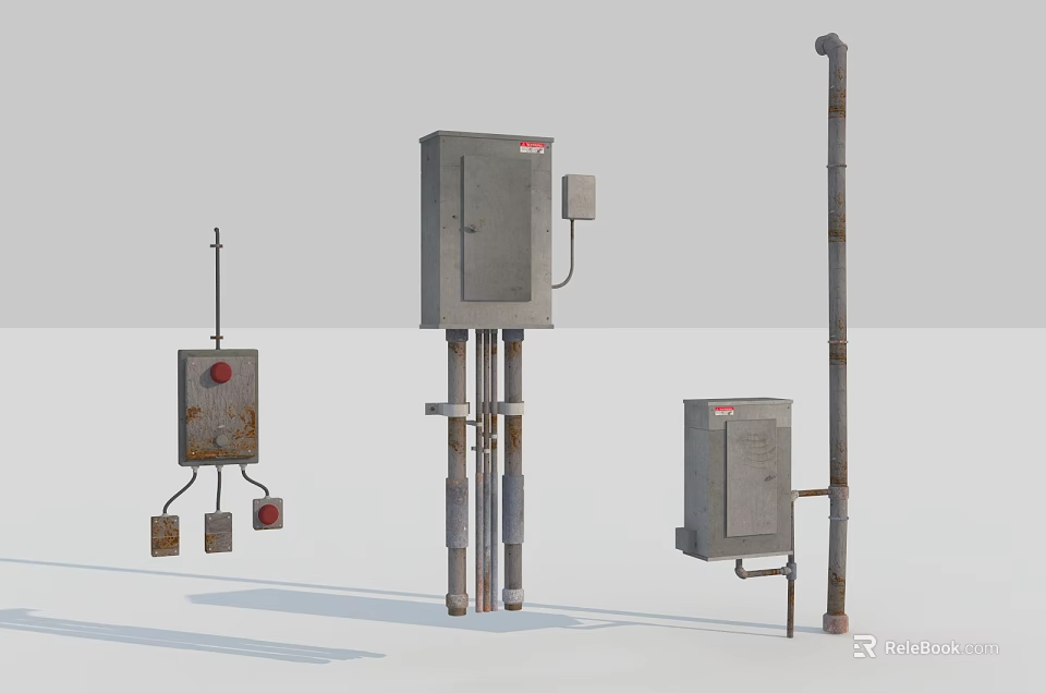 Durable Industrial Equipment Control Panels With Metal Enclosures Pipes And Mounting Structures 3d model 