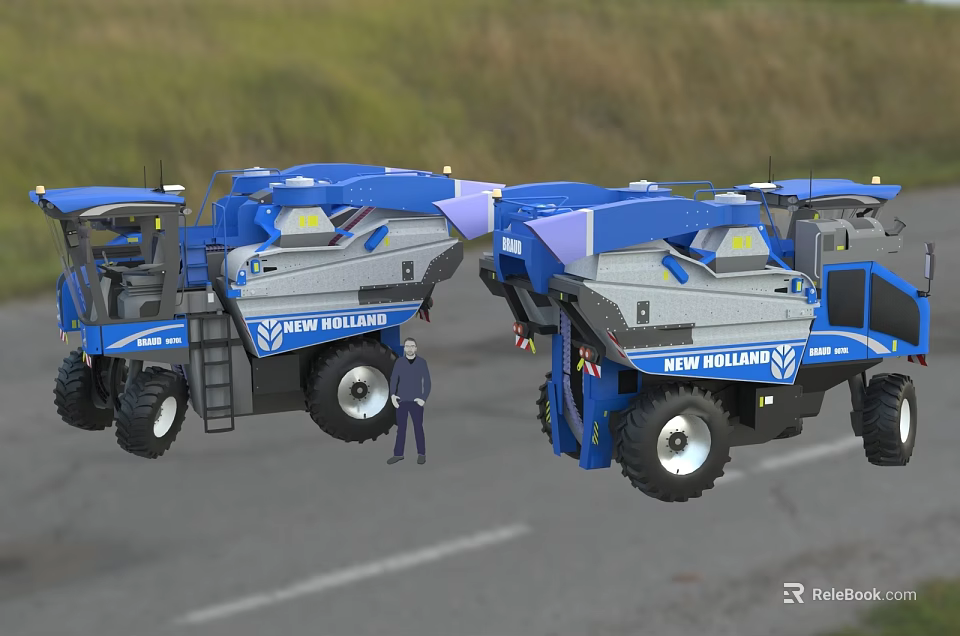 Two Blue New Holland Combine Harvesters Parked on Green Farm Grassland Road 3d model 
