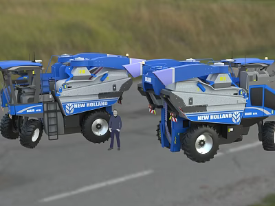 Two Blue New Holland Combine Harvesters Parked on Green Farm Grassland Road 3d model