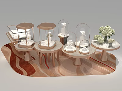 Jewelry Store Display With Glass Dome Cases And White Flower Arrangements On Decorative Carpet 3d model