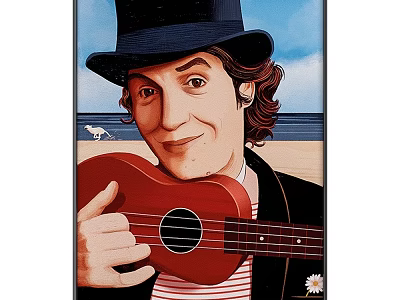 Portrait Painting of Man in Black Top Hat Holding Red Ukulele Beach Background 3d model