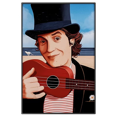 Portrait Painting of Man in Black Top Hat Holding Red Ukulele Beach Background 3d model