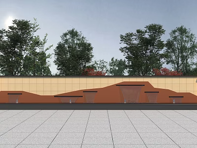 Scenic Wall with Brown Beige Panels Water Features and Green Trees in Landscape Design 3d model