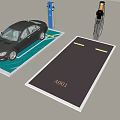 Electric Vehicle Charging Station With Car And Charging Equipment On Marked Parking