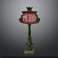 Vintage Metro Sign Structure With Green Decorative Pole And Red Panel