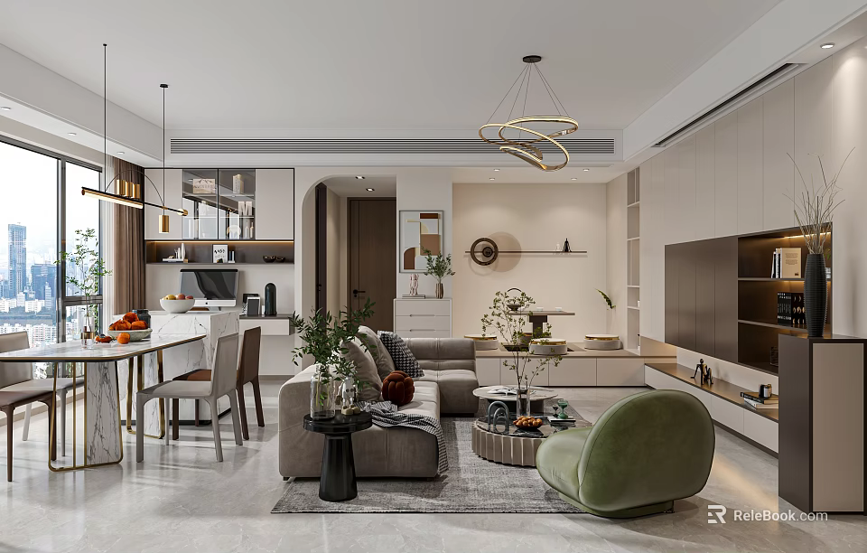 Modern Living And Dining Room Interior With Open Concept Sofa Dining Table And Green Plants 3d model 