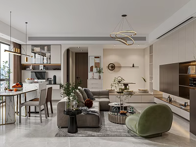 Modern Living And Dining Room Interior With Open Concept Sofa Dining Table And Green Plants 3d model