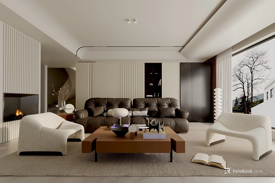 Modern Living Room Interior Design With Brown Leather Sofa White Armchairs And Wooden Coffee Table 3d model 