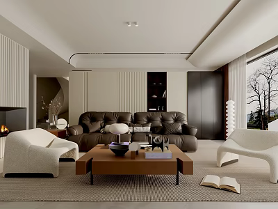Modern Living Room Interior Design With Brown Leather Sofa White Armchairs And Wooden Coffee Table 3d model
