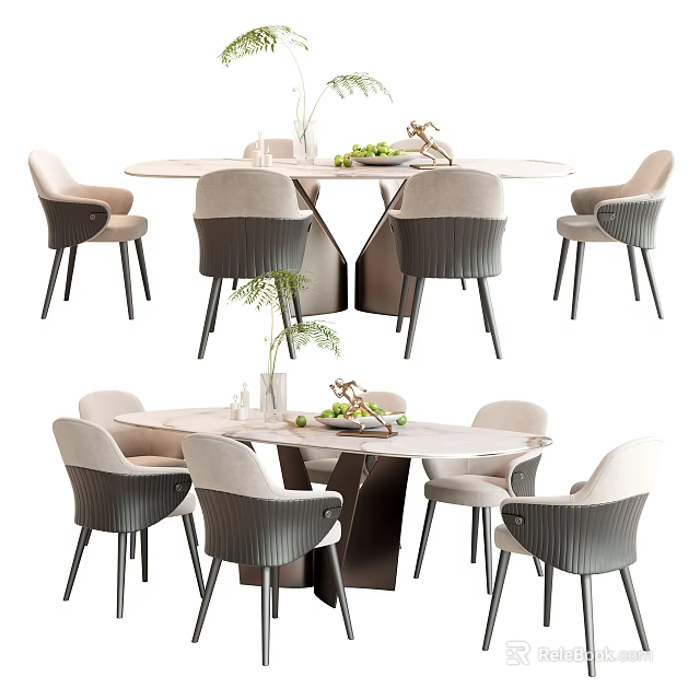 Modern Round Dining Table Set With Marble Top Beige Gray Chairs Vase Greenery 3d model