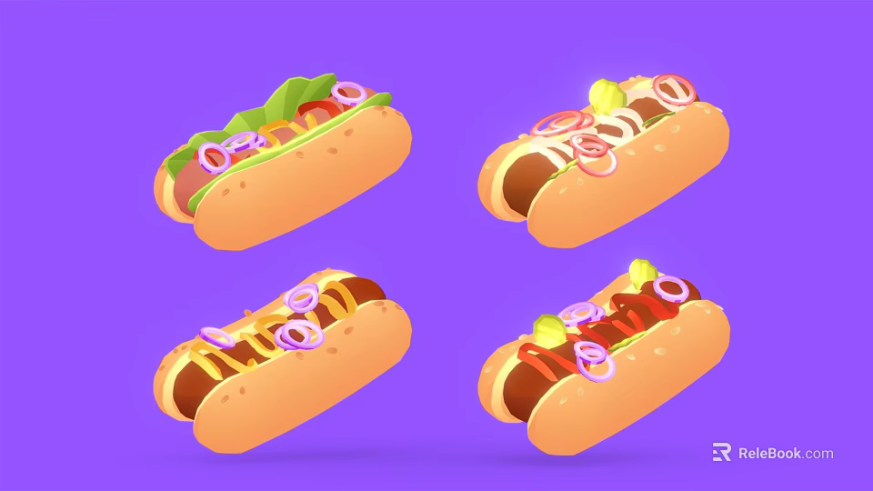 Colorful Hotdogs With Various Toppings On Purple Background And Fresh Ingredients 3d model 