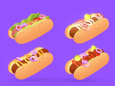 Colorful Hotdogs With Various Toppings On Purple Background And Fresh Ingredients 3d model