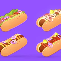 Colorful Hotdogs With Various Toppings On Purple Background And Fresh Ingredients
