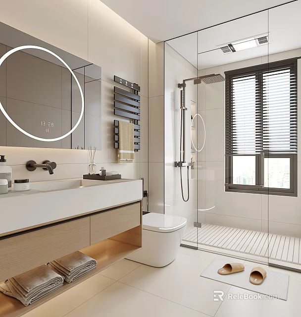 Modern Bathroom Interior Design With Large Mirror Vanity Toilet Shower Area And Blinds 3d model 