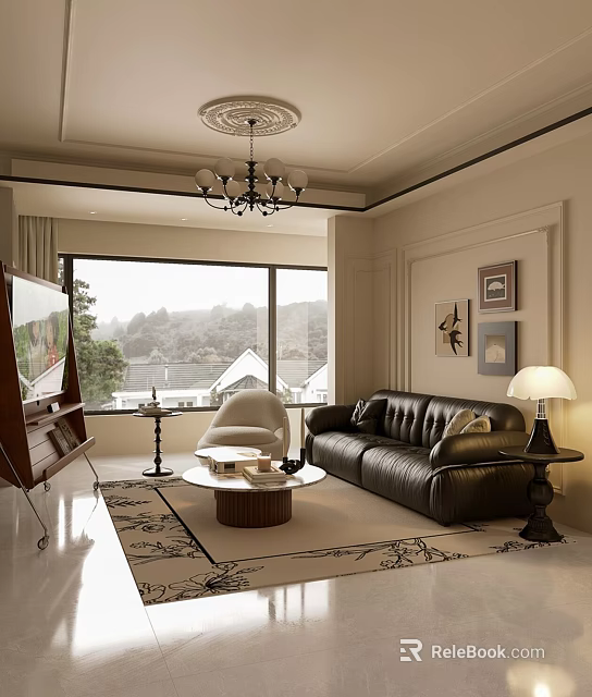 Elegant Warm Vintage Living Dining Room Interior With Black Leather Sofa And Panoramic French Window 3d model 