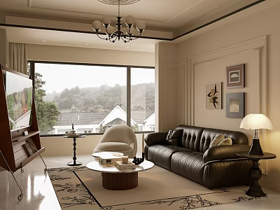 Elegant Warm Vintage Living Dining Room Interior With Black Leather Sofa And Panoramic French Window 3d model