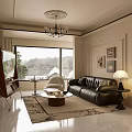 Elegant Warm Vintage Living Dining Room Interior With Black Leather Sofa And Panoramic French Window