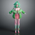 3D Anime Game Character With Green Hair Green Jacket Pink Skirt And Pink Stockings