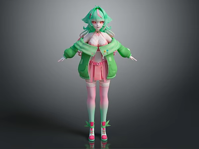 3D Anime Game Character With Green Hair Green Jacket Pink Skirt And Pink Stockings 3d model