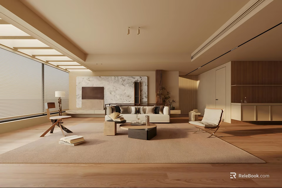 Modern Living Room Interior With Warm Tones Wooden Floors Large Windows And Light Rug 3d model 