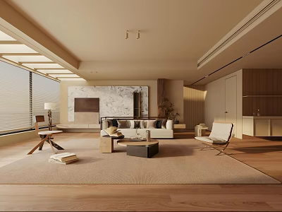Modern Living Room Interior With Warm Tones Wooden Floors Large Windows And Light Rug 3d model