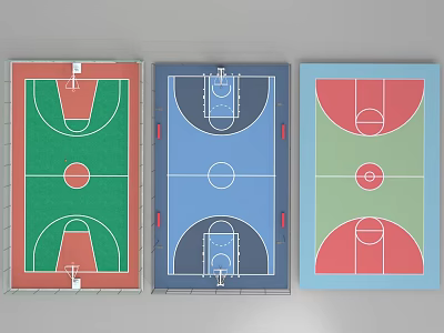 Three Different Colored Basketball Court Designs With Green Blue Red Surfaces And Standard Lines 3d model