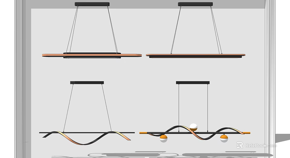Contemporary Pendant Lighting Featuring Linear And Curved Designs With Black Wood And Gold Accents 3d model 
