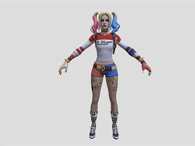 Harley Quinn Character With Pink Blue Pigtails Daddy's Lil Monster Shirt Blue Shorts Tattoos Boots 3d model