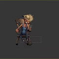 Game Movie Character Wearing Straw Hat Blue Overalls Sitting On Wooden Chair Holding Smartphone