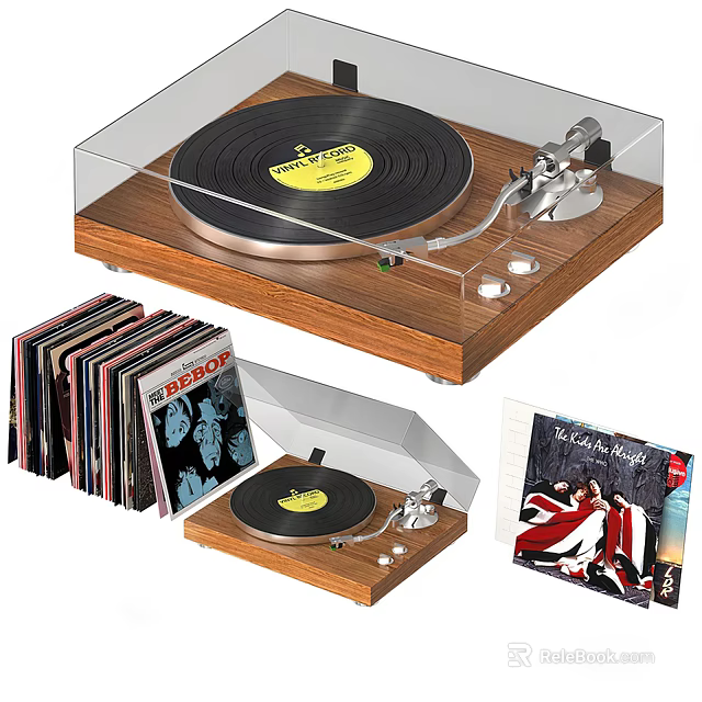 Wooden Vinyl Turntable Record Player with Hi Fi Audio System and Vinyl Records 3d model 