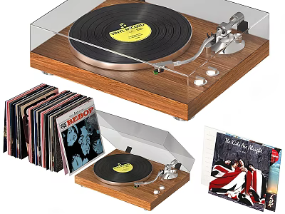 Wooden Vinyl Turntable Record Player with Hi Fi Audio System and Vinyl Records 3d model